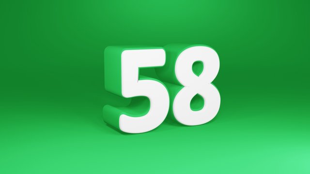 Number 58 in white on green background, isolated number 3d render