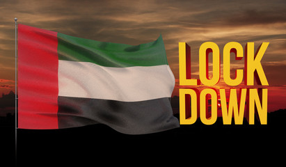 Coronavirus COVID-19 lockdown concept with waving national flag of United Arab Emirates. Pandemic 3D illustration.