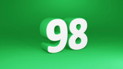 Number 98 in white on green background, isolated number 3d render
