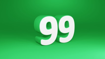 Number 99 in white on green background, isolated number 3d render