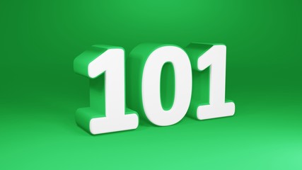 Number 101 in white on green background, isolated number 3d render