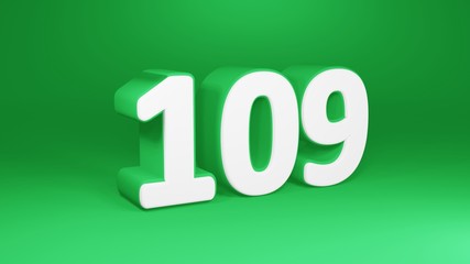 Number 109 in white on green background, isolated number 3d render