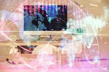 Double exposure of business theme drawing and office interior background. Concept of success