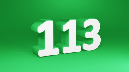 Number 113 in white on green background, isolated number 3d render