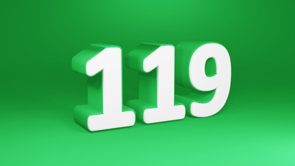 Number 119 in white on green background, isolated number 3d render