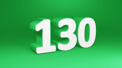 Number 130 in white on green background, isolated number 3d render