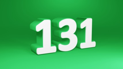 Number 131 in white on green background, isolated number 3d render