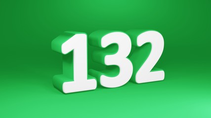 Number 132 in white on green background, isolated number 3d render