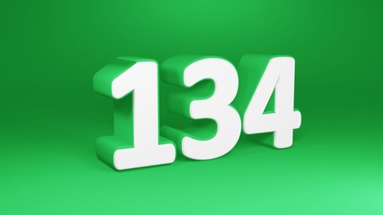Number 134 in white on green background, isolated number 3d render