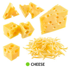 Cheese isolated. Cheese piece, cube, triangle on white background. Grated cheese. Cheese collection.