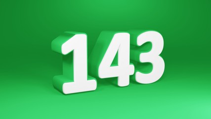 Number 143 in white on green background, isolated number 3d render
