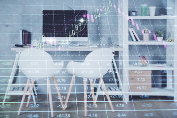 Multi exposure of stock market chart drawing and office interior background. Concept of financial analysis.
