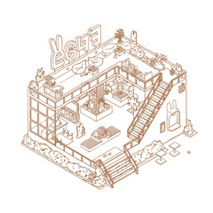 Isometric outline cafe interior. Cartoon coloring book page of 3d restaurant inside. Hand drawn illustration.