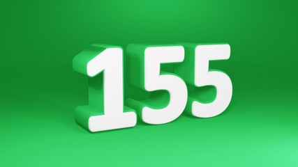 Number 155 in white on green background, isolated number 3d render