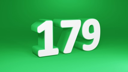 Number 179 in white on green background, isolated number 3d render