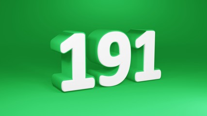 Number 191 in white on green background, isolated number 3d render