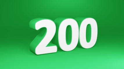 Number 200 in white on green background, isolated number 3d render