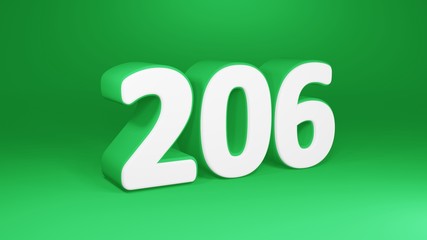 Number 206 in white on green background, isolated number 3d render