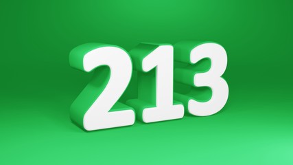 Number 213 in white on green background, isolated number 3d render