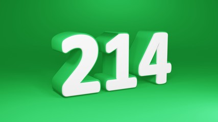 Number 214 in white on green background, isolated number 3d render