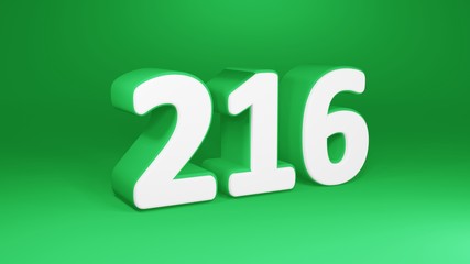 Number 216 in white on green background, isolated number 3d render