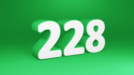 Number 228 in white on green background, isolated number 3d render