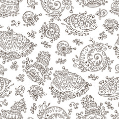 Vector Seamless pattern of doodle ornamental Seashells