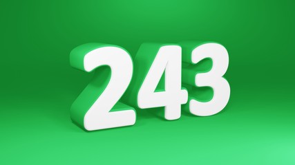 Number 243 in white on green background, isolated number 3d render