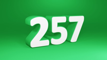 Number 257 in white on green background, isolated number 3d render