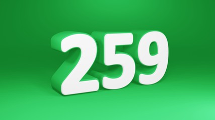 Number 259 in white on green background, isolated number 3d render