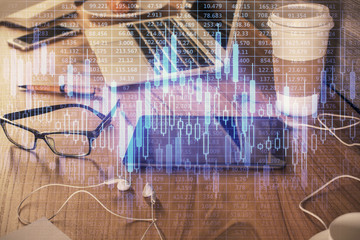 Double exposure of financial graph drawing and cell phone background. Concept of forex trading