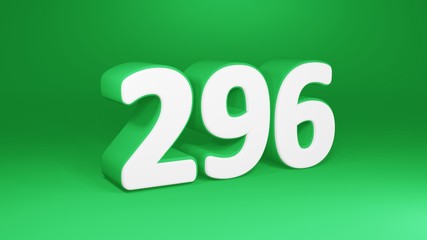 Number 296 in white on green background, isolated number 3d render