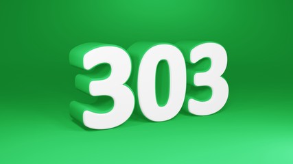 Number 303 in white on green background, isolated number 3d render