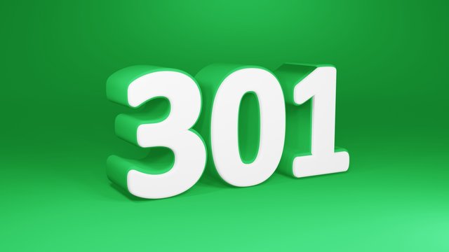 Number 301 in white on green background, isolated number 3d render