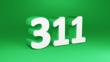 Number 311 in white on green background, isolated number 3d render