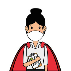super doctor female with face mask and hero cloak vector illustration design