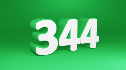 Number 344 in white on green background, isolated number 3d render
