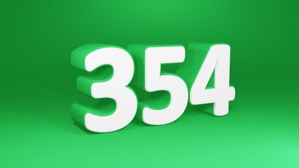 Number 354 in white on green background, isolated number 3d render