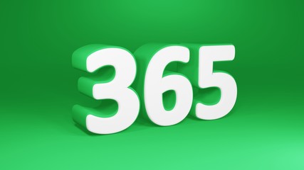 Number 365 in white on green background, isolated number 3d render