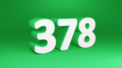 Number 378 in white on green background, isolated number 3d render