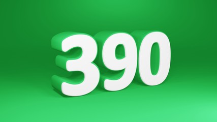 Number 390 in white on green background, isolated number 3d render