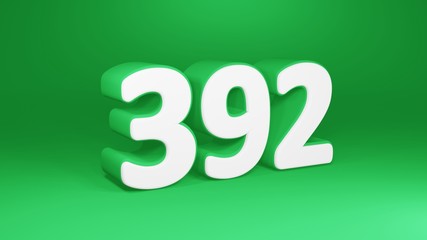 Number 392 in white on green background, isolated number 3d render