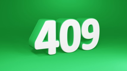 Number 409 in white on green background, isolated number 3d render