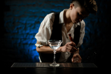 beautiful empty transparent glass standing on the bar.