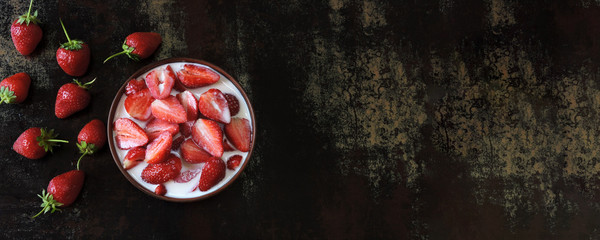 Strawberries with cream bowl. Healthy dessert. Keto diet.