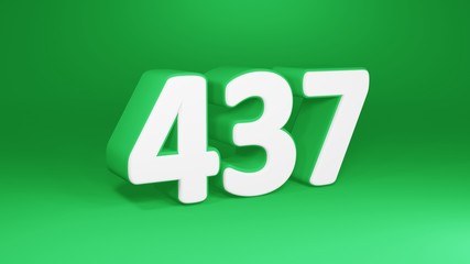 Number 437 in white on green background, isolated number 3d render