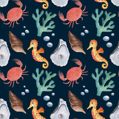 Seamless pattern with seaweed, seashorse, pearl, crab on dark background . Watercolor pattern for textile, wrapping paper, print, wallpaper.