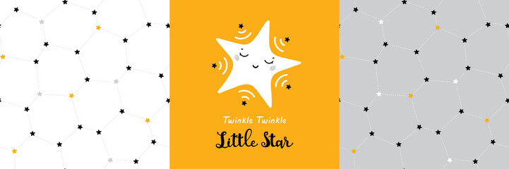 Cute Stars Vector Seamless Patterns and T-shirt Print Design for Kids Fashion with Little Star. Scandinavian Poster and wallpaper for Birthday, Baby Shower or Nursery Design

