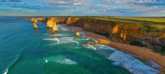 The Twelve Apostles at sunset, Port Campbell National Park, Australia. Aerial view from drone