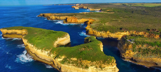 Loch Ard Gorge, Great Ocean Road. Panoramic aerial drone view from Island Arch Lookout